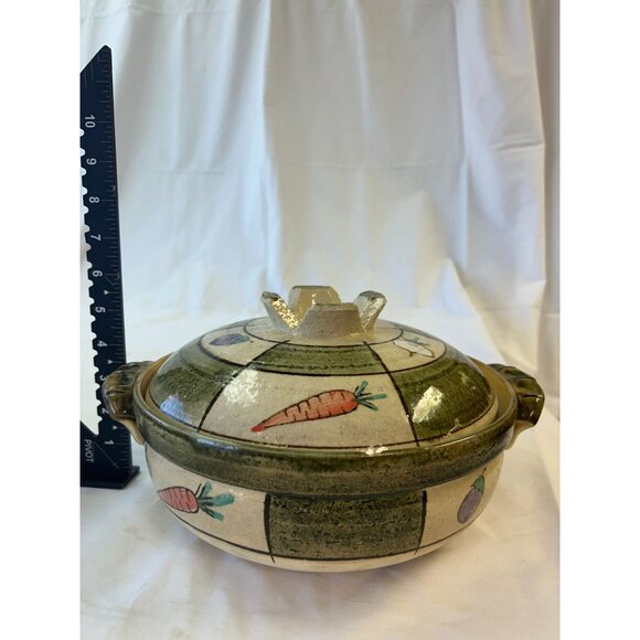 Vintage Hand Painted Ceramic Casserole Dish With Lid Vegetable Design Green And - Picture 2 of 2